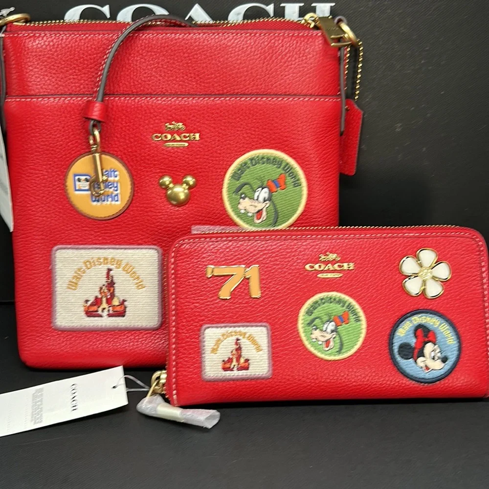 NWT Disney X Coach Set Kitt Messenger Crossbody Purse Wallet Card Patches Mickey - Picture 10 of 14